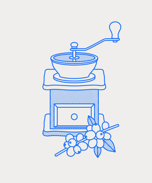 Manual coffee grinder and coffee branch. Coffee time composition. Line art, retro. Vector illustration for coffee shops, cafes, and restaurants.