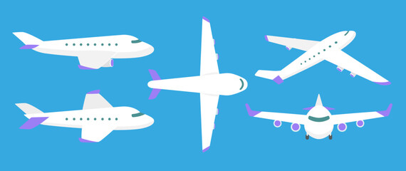 Flat airplane illustration, view of a flying aircraft