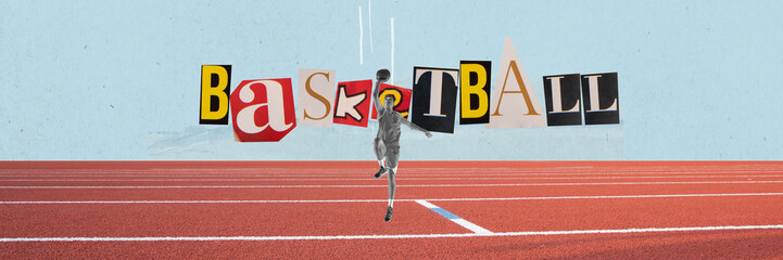 Slam dunk. Young man, professional basketball player in motion at stadium, training. Contemporary...