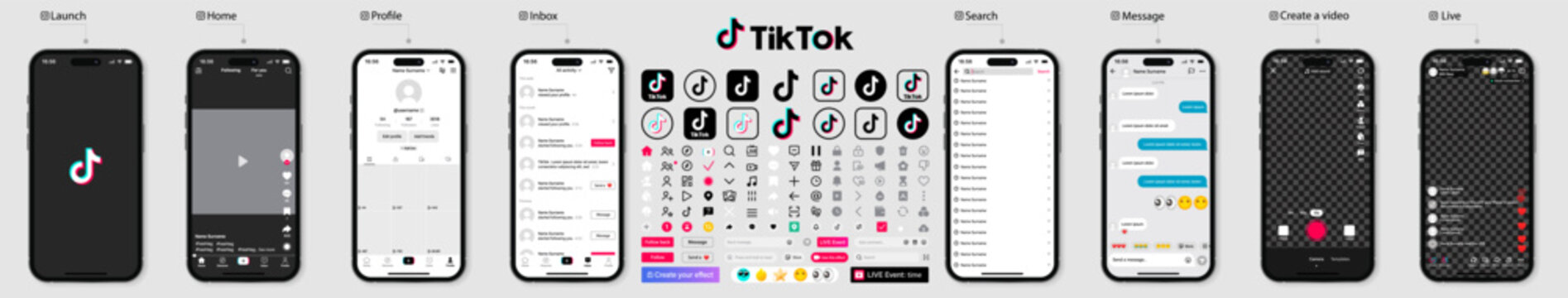 Social media network by Tik Tok. Mobile app tile template. User profile, news, notifications. Vector illustration template in phone