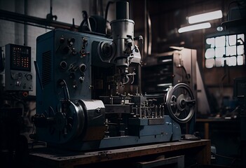 Naklejka na ściany i meble Factory workshop with metal processing on a technological machine. Generative AI