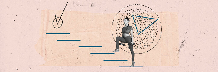 Young sportive girl with slim fit body training with dumbbells. Fitness achievements. Contemporary art collage. Concept of sport, lifestyle, creativity, inspiration, retro style. Flyer. Banner