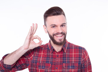 Strong, confident, handsome and bearded man in casual checkered shirt is posing isolated on white background with copy space for text and advertising