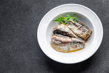 fish sardine canned seafood meal food snack on the table copy space food background rustic top view