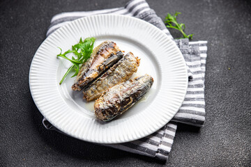 fish sardine canned seafood meal food snack on the table copy space food background rustic top view
