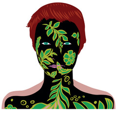 natural girl - a model painted in the colors of the wild forest