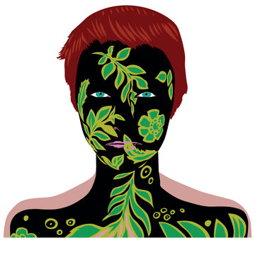 natural girl - a model painted in the colors of the wild forest