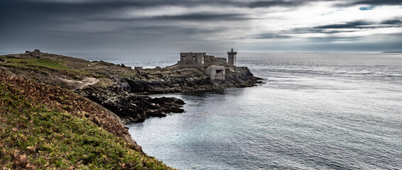 Lighthouse Phare De Kermorvan At Village Le Conquet At The Finistere Atlantic Coast In Brittany,...