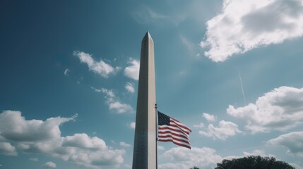 US Flag Flying near Washington Monument. Generative AI.
