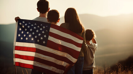 Happy Family with American Flag at Sunset Outdoors in the USA. Concept National holidays, Flag Day, 4th of July, Memorial Day, Independence Day, Patriot Day. Generative AI.