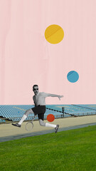 Stylish young man playing tennis on green field with abstract background. Sport club member. Contemporary art collage. Vertical layout. Sport, lifestyle, creativity, inspiration, retro style concept