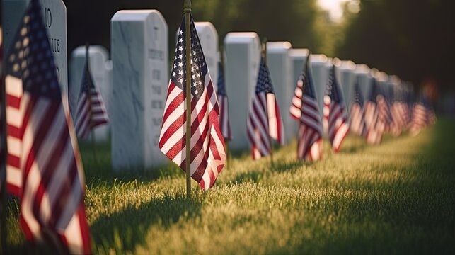 US Flag at Military Cemetery on Veterans Day or Memorial Day. Concept National holidays, Flag Day, Veterans Day, Memorial Day, Independence Day, Patriot Day. Generative AI.