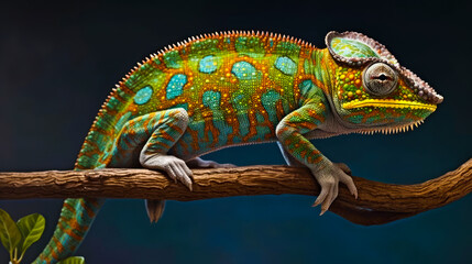 Fototapeta premium Multicolored chameleon on a branch with a close shot. Generative AI
