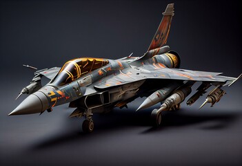Military fighter jets model in protective coloring on gray background. Generative AI