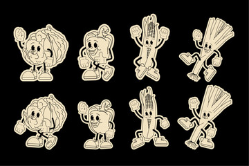 a set of monochrome retro stickers with vegetables. Vector icons of funny vegetables in gloves.