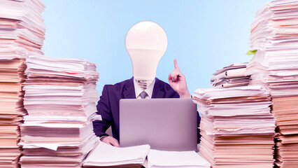 Abstract modern collage. The man accountant or company manager with a light bulb instead of a head...