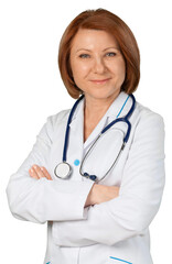 Fototapeta premium Close up portrait of female doctor with stethoscope holding hands on a white background