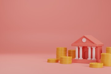 3d render bank model with gold coin stack on red background with copy space