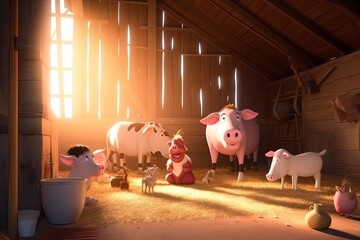 Happy animals in the barn, colorful illustration.  Generate AI. 