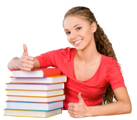 Girl Sitting Behind a Invisible Desk with a Books and Thumb Up - Isolated