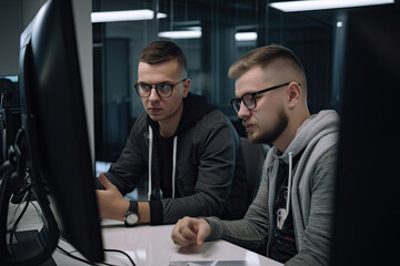 Fototapeta na wymiar Portrait of two young men working on computers in modern office. selective focus, Generative AI