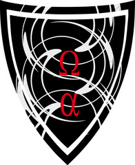 Alpha and Omega. Coat of arms, emblem, shield, tattoo design