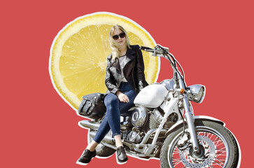 Digital collage biker blonde girl in black leather jacket sitting on motorcycle and slice of lemon
