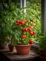 Clay planter containing tomatoes sitting near a window - obrazy, fototapety, plakaty