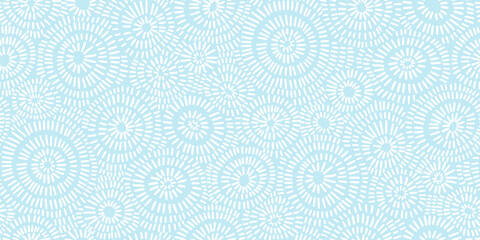 Seamless hand drawn concentric sun ray circles pattern in pastel blue and white. Abstract barnacle or coral sea life motif background texture. Trendy baby boy's blanket, clothing or nursery wallpaper.