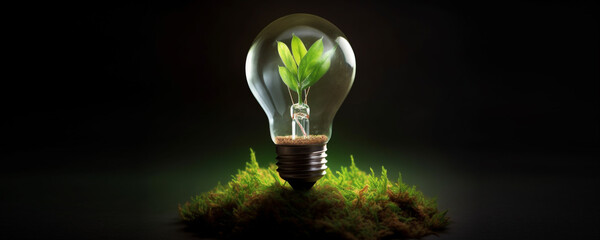 Eco green friendly lightbulb banner with copy space, concept of Renewable Energy and Sustainable Living. Generative AI