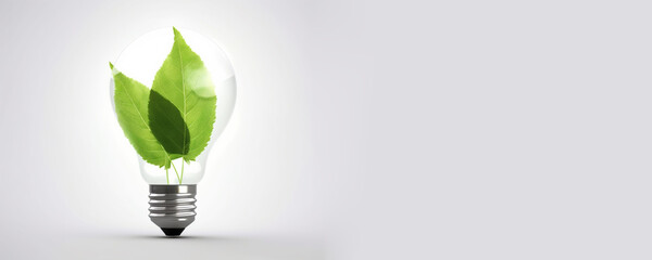Eco green friendly lightbulb banner with copy space, concept of Renewable Energy and Sustainable Living. Generative AI