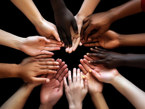 Illustration of a group of diverse hands, representing teamwork and collaboration, Generative AI