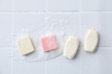 Soap - spa, beauty procedures and skin care concept, top view