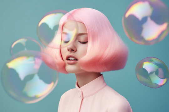 Portrait of a young beautiful girl with pastel pink hair on a pastel blue background surrounded by soap bubbles. Generative AI.