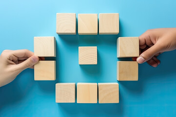 Woman hands arranging empty wooden blocks on blue background, created with Generative AI