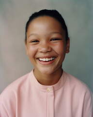 Naklejka premium Portrait of a young sweet girl with a huge, wide smile, happy face and joyful eyes. A child who has a happy and peaceful childhood. Generative AI.