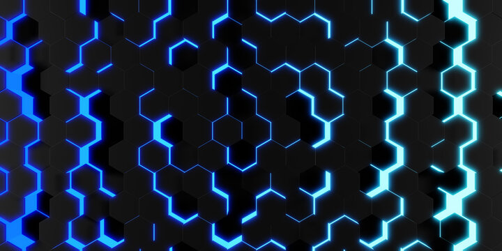 Abstract blue lit futuristic surface of hexagon pattern with light rays. 3D Rendering. © Garmon