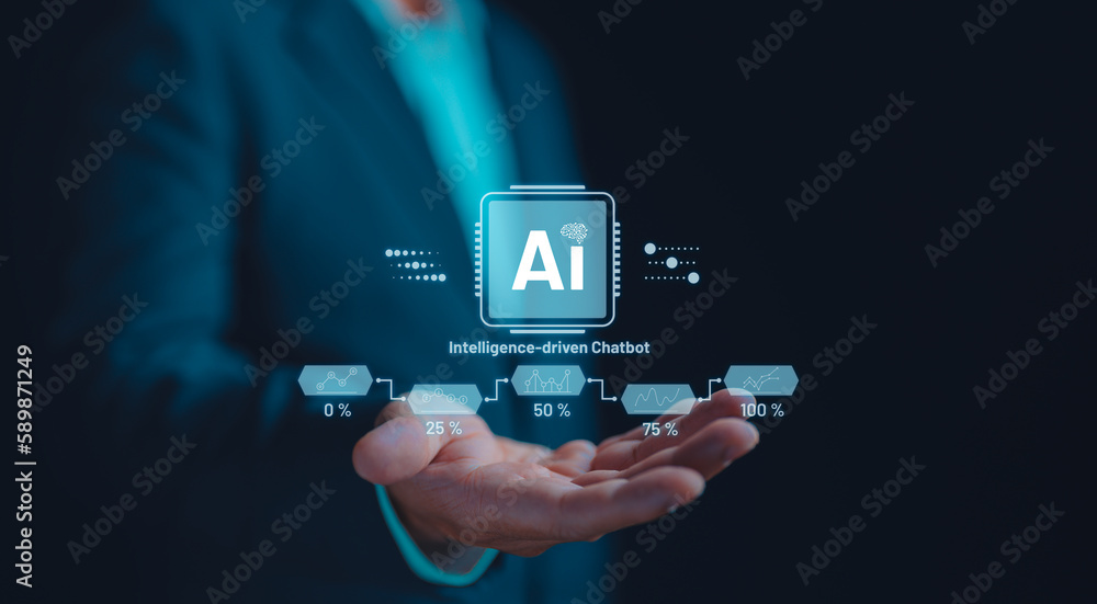 Poster technology and people concept. business-man uses ai to help work, ai learning and artificial intelli