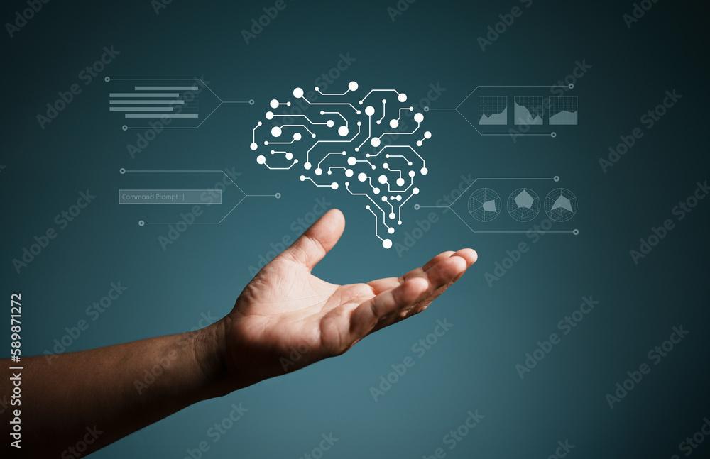 Poster ai technology or artificial intelligence. man using technology smart cloud ai by enter command promp