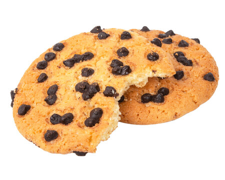 A photo of a chocolate chip cookie, isolated on a white background with a clipping path, shot from the top