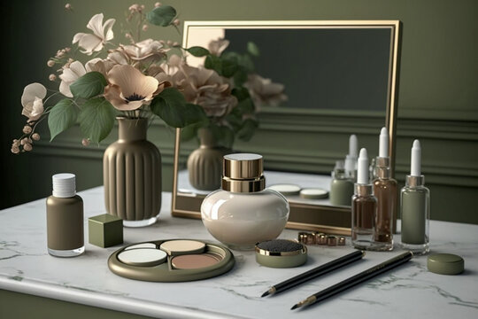 Dressing table with cosmetics for makeup. Super photo realistic background, generative ai illustration
