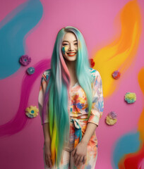 Beautiful girl who is happy and excited with vivid color long colorful hair, surprise party on pink background. Generative AI.