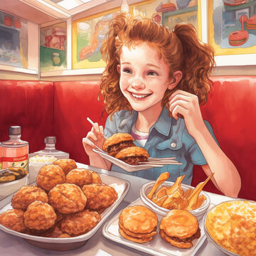 In a bustling fast food restaurant Smiling Young Girl Eating food with excitement.