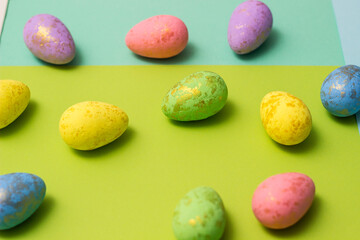 Fototapeta na wymiar Coloured Easter Eggs on color Background. Colorful collection of patterned easter eggs