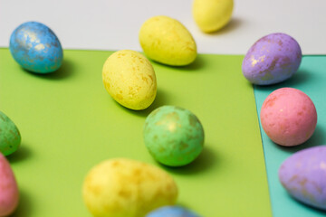 Coloured Easter Eggs on color Background. Colorful collection of patterned easter eggs