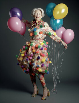 An elderly woman, a lady celebrating her birthday with colorful helium balloons, a grandmother having crazy fun and cheering. Generative AI.