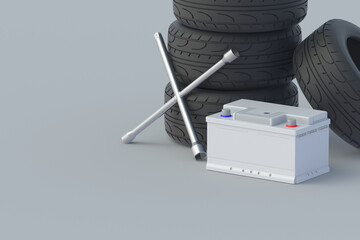 Wheel wrench, tyres, battery. Car service. Automotive parts. Copy space. 3d render