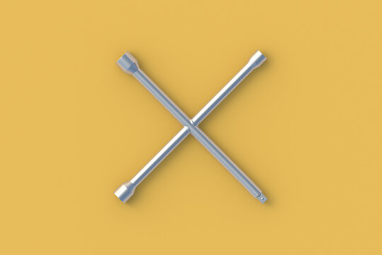 Cross wheel wrench on yellow background. Car instrument. Automobile tire fitting. Top view. 3d render