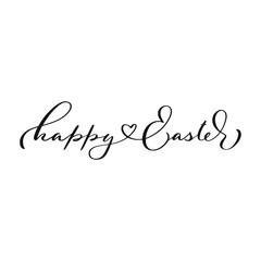 Happy Easter hand lettering, black ink elegant brush script calligraphy isolated on white background.	