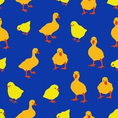 Vector bright seamless pattern with chicks and goslings on blue background. Colorful rustic ornament.
